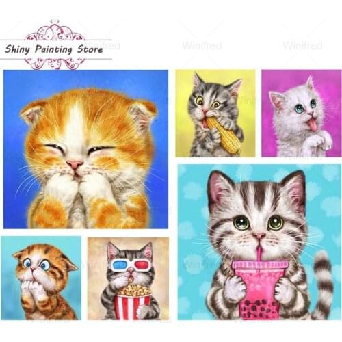 5D Cute Cat Cartoon Animal Full Diamond Painting Square Round Drill Rhinestones DIY Diamond Embroidery Home Decor Mosaic Mural