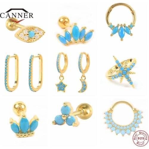 CANNER Turquoise Fine Jewelry 925 Sterling Silver Small Crown Stud Earrings for Women Men Piercing Cartilage Earring Girls Gifts