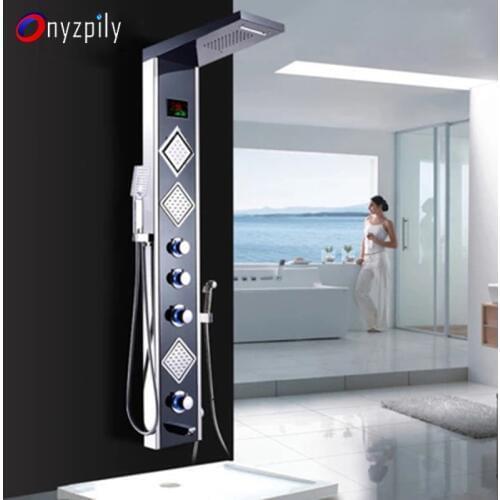 Black Shower Panel Shower Column Faucet Digital Temperature Screen Bath Shower System LED Light Rotable Spa Massage Sprayer