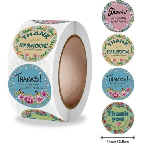 Flowers Thank You Stickers Labels Seal "Thank You for Supporting My Small Business" Sticker Roll Stationery Sticker 100/500pcs