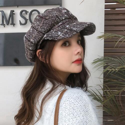 Elegant Women Beret Female Autumn Winter Woolen British Plaid Painter Hat Tide Octagonal Cap Vintage Girls