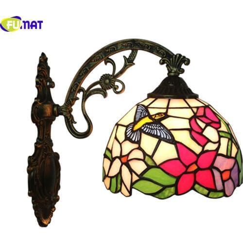 FUMAT Stained Glass Wall Lamp Tiffany Morning Glory Hummingbird Lampshade Handcraft Arts European Luxury Home Decor For Bedroom