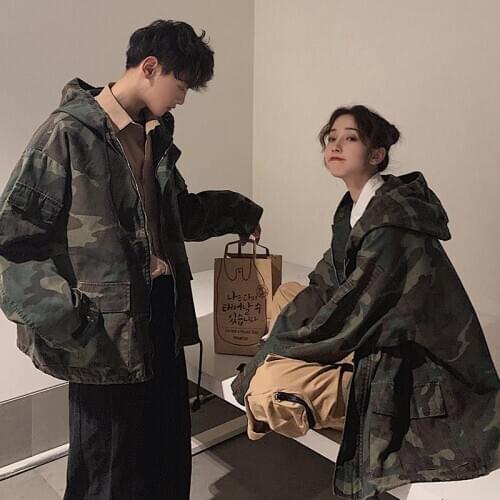 Hong Kong Style Spring and Autumn Tooling Mens and Womens Lovers Jacket Camouflage Tide