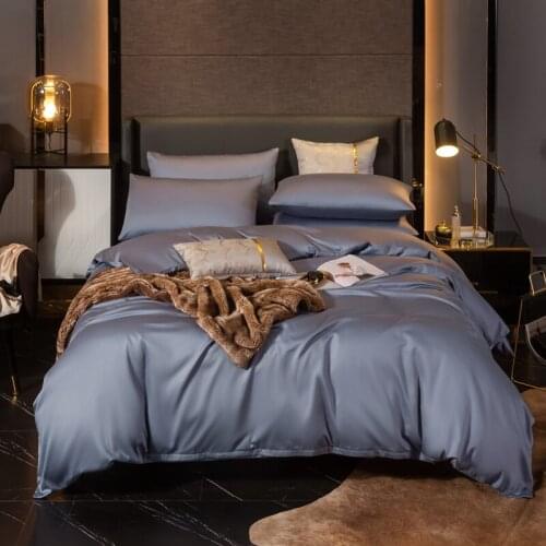 Breathable Soft Egyptian Cotton Duvet Cover Flat/Fitted Bed Sheet Set Gray Blue King Queen Size 4 Bedding Pcs With Set Zipper