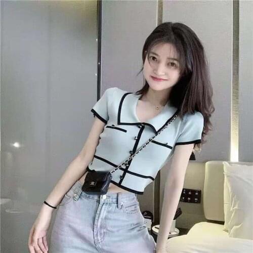 Summer Retro Lapel, Personality, Button Contrast, Slim And Navel Revealing Short Sleeve T-Shirt