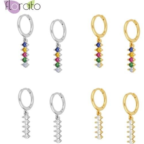 Minimalist Women 925 Sterling Silver Dangling Bar Shaped CZ Huggie Hoop Earrings Rainbow Zircon Small Hoop Earrings Jewelry