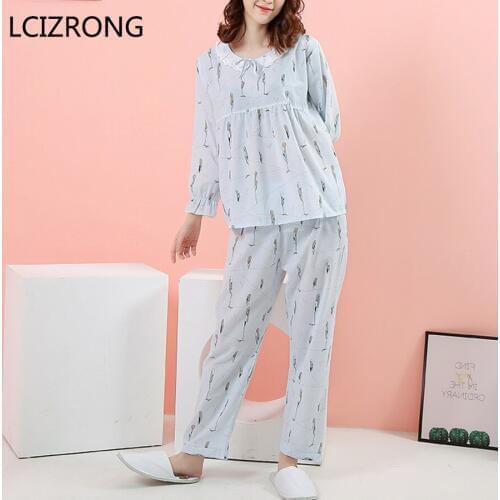 Fashion Print Long Sleeve 2 Pieces Pajamas Set Women Sweet Cute Girl O Neck Lace Ruffle Nightgowns Plus Size Sleepwear Lingerie