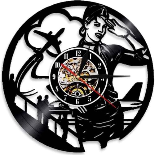 Airline Stewardess Silhouette Wall Clock Modern Design Travel Souvenir Flight Attendant Vinyl Record Wall Clock Watches Decor
