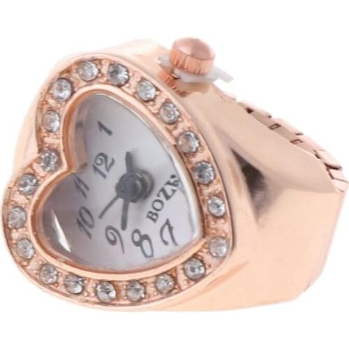 2021 New Copper Tone Heart Shape Housing Elastic Band Finger Ring Watch For Women