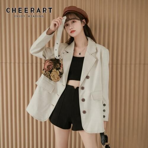 CHEERART Autumn Contrast Stitch Blazer Women Patchwork Beige Floral Loose Blazer And Jackets Ladies Suits Coat 2020 Fashion