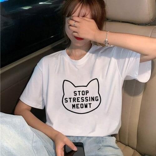 Simple T Shirt Cat Head Shape Letter Tshirt Womens Summer Casual Tshirt Short Sleeve Round Neck Tee Shirt Girls