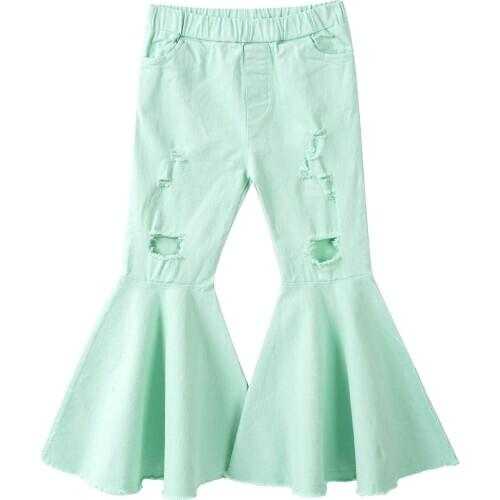 Toddler Baby Girl Flare Pants Fashion Kids Ripped Jeans For Girls Cotton Elastic Waistband Flared Trousers Children Clothing