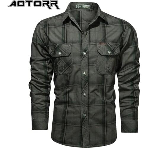 2021 New Fashion Plaid Cotton Long Sleeved Shirt Mens Business Casual Stand Collar Shirt Large Size Cargo Shirts Men Clothing