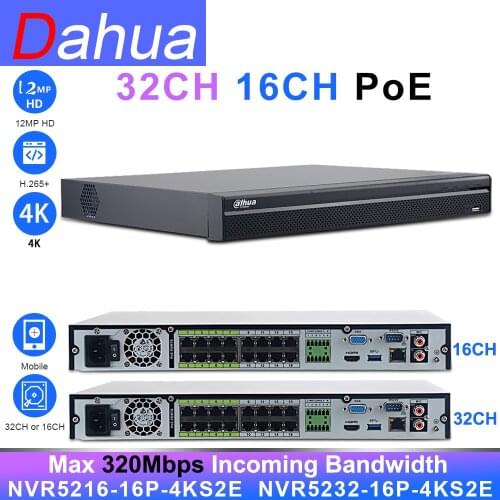 Dahua PoE NVR 16CH NVR5216-16P-4KS2E 32CH NVR5232-16P-4KS2E 12MP Support Two Way Talk e-POE 800M Network Video Recorder