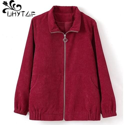 UHYTGF Quality Corduroy Spring Autumn Jacket Women Elegant Mother Loose 4XL Plus Size Coat Female Casual Short Outerwear 1454