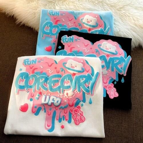 Love bear letter printing student jacket retro kawaii y2k girls oversizedShort-sleeved t-shirt women loose summer O-neck Female