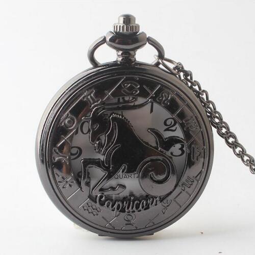 Vintage black steampunk Fashion quartz twelve signs of Capricorn men and woman gift Necklace pocket watch chain watches