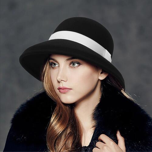 Womens French Retro Wool Fedoras Hat Ladies Dome White Ribbon Decorative Fedora Cap Female Photographic Shopping Caps H7234