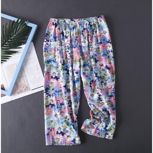 Multi-color print summer women fashion loose elastic waist sleep bottom female trendy calf length breathable thin cotton pants