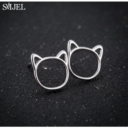Korean Hollow Ear Cat Stud Earrings for Women 2021 Trend Silver Color Cute Cat Head Line Earring Jewelry Teens Birthday Gift
