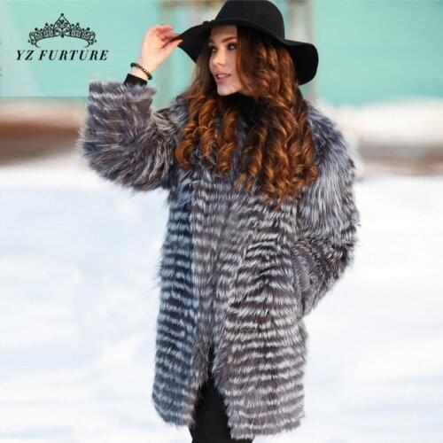 2020 New Real Sliver Fox Fur Coat With O-Neck Collar Long Jacket Big Size For Women Down Fox Fur Coat From Natural Winter FC-044