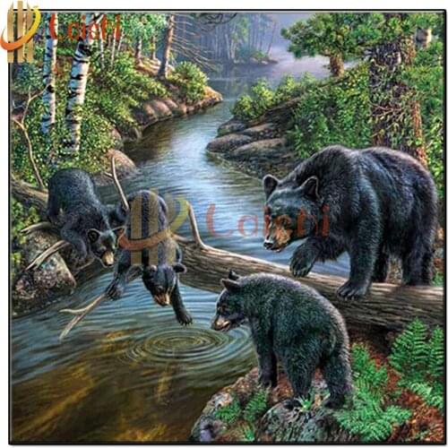 5D DIY diamond painting Forest landscape, black bear family cross stitch full square round diamond mosaic painting home decor