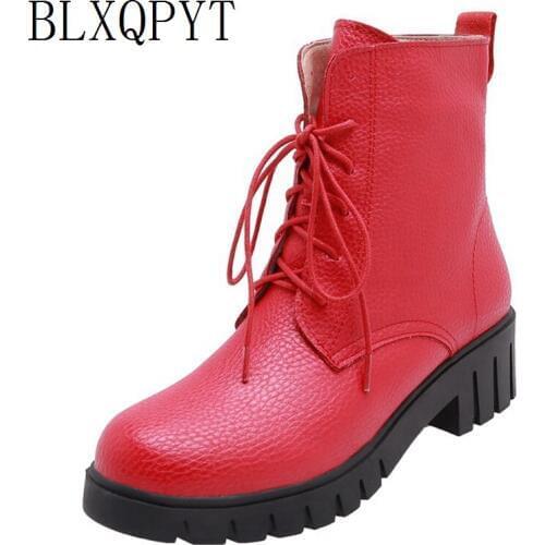 BLXQPYT New High Quality Pu Leather Women Ankle Boots Platform Chunky Heels Short Winter Plush boots warm casual Shoes Woman 231
