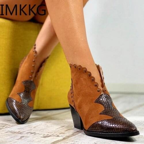 2019 Female Autumn Winter PU Leather Cowboy Ankle Boots Women High Heel Booties Snake Print Western Cowgirl Boots