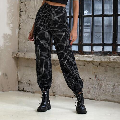 Harajuku streetwear plaid pants Straight trousers Womens Hip hop Harem pants Vintage plaid pants women pocket Cargo pants