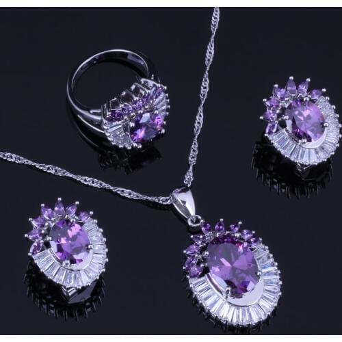 Smooth Flower Purple Cubic Zirconia White CZ Silver Plated Jewelry Sets Earrings Pendant Chain Ring V1001