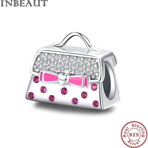 INBEAUT Original Goddess Handbag Beads fit Brand Bracelet 925 Sterling Silver Cute Pink Bowknot Bag Beads Pendant diy Jewelry