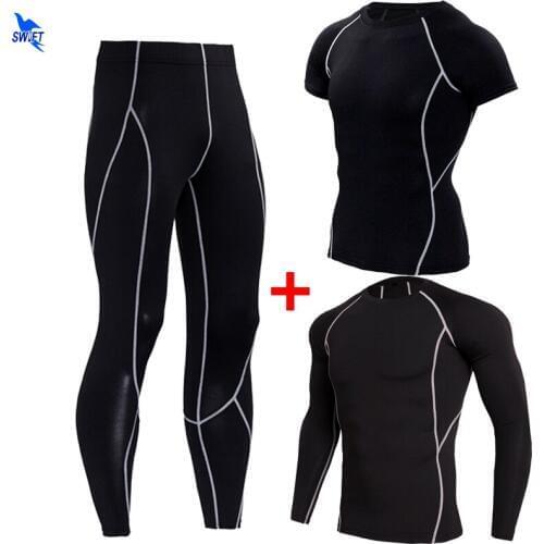 2020 Quick Dry Compression Tracksuit Fitness Tight Sportswear Running Set T-shirt Leggings Mens 2 Pieces Gym Training Sport Suit