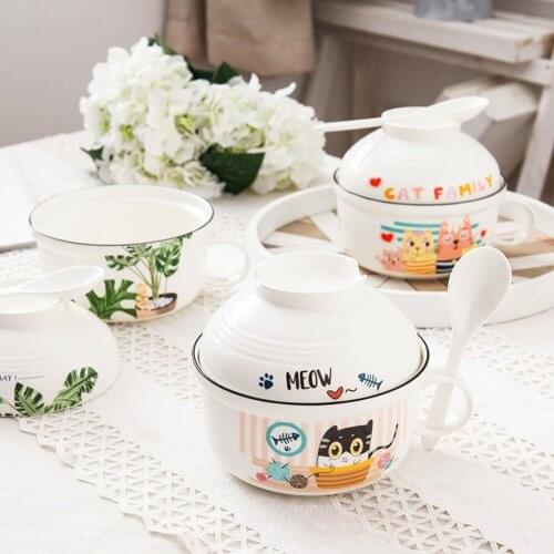 Creative ceramic bowl instant noodle cup bowl with lid and handle instant noodle bowl bento box can be placed in the microwave