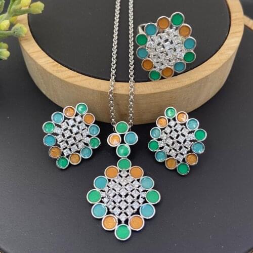 Lanyika Fashion Jewelry Set Lucky Sunflower Drip Oil Zirconia Inlay Necklace with Earring and Ring for Women Wedding Best Gift