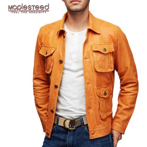 MAPLESTEED Genuine Leather Jacket Men Leather Coat Vegetable Tanned Matte Genuine Goat Skin Pockets Yellow Male Leather Coat 158