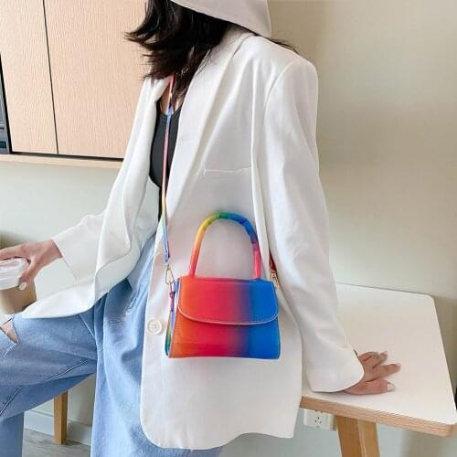Fashion Rainbow Color PU Women Shoulder Bag Youth Ladies Simple Versatile Bag Small Flap Tote Crossbody Handbag