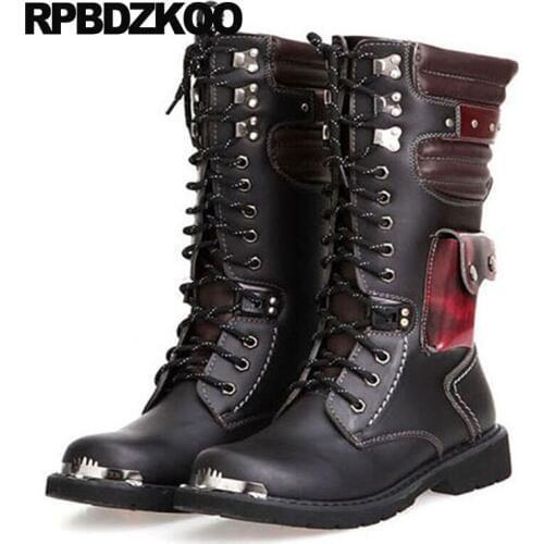 Lace Up Punk Fall Metalic 2018 Tall British Style Black Chunky Designer Mid Calf Men Autumn Shoes Rock Motorcycle Vintage Boots