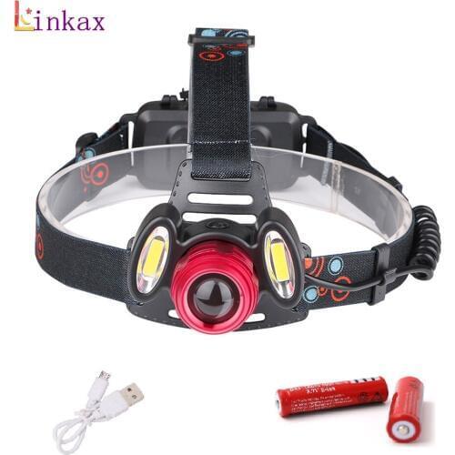 Outdoor USB Rechargeable Headlamp 4 Modes 1*T6+2*COB LED Headlight Camping Fishing Light Flashlight By 2* 18650 Batteries