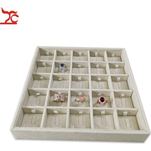 New Portable 25 Grids Jewelry Display Case Gray Velvet Jewelry Ring Display Tray Holder Ring Storage Box Organizer 23*23*3.5cm