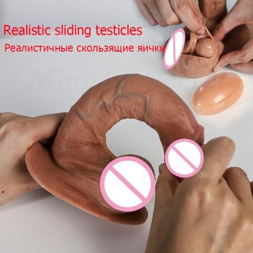 Skin Feeling Silicone Realistic Big Dildo With Double Sliding Testis Soft Male Penis Female Vagina Masturbator Sex Toy For Women