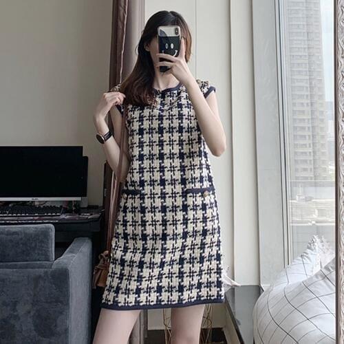 Tweed dress Dark blue Round neck sleeveless 2020 spring / autumn womens dress Vintage Houndstooth ladies slim one-piece dress