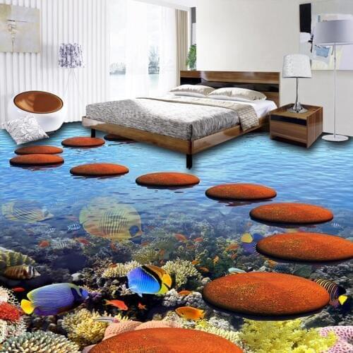 3D Floor Sticker Mural Vinyl Wallpaper Home Decor Coral Tropical Fish Ocean Bathroom Floor Painting PVC Self-adhesive Wallpaper