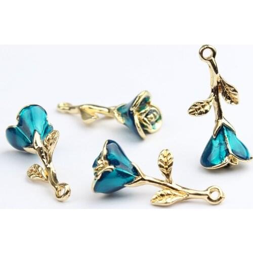 Zinc Alloy Golden Blue Rose Flower Enamel Charms 6pcs/lot for DIY Fashion Tassel Drop Earrings Jewelry Making Accessories