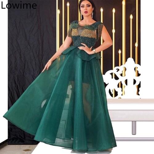 Dark Green Middle East Long Prom Dress 2019 Special Design Dubai Glitter Formal Evening Dress Illusion Celebrity Party Gowns