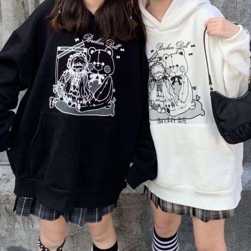 Japanese Ulzzang dark bear gothic sweatshirt cartoon Winter female loose Harajuku punk fashion big size female hooded sweatshirt