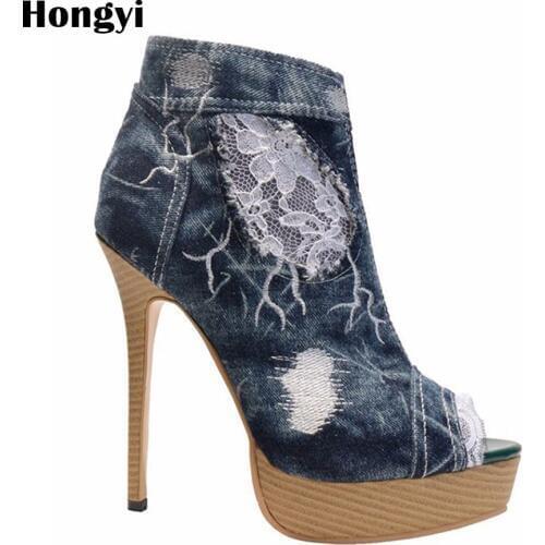 Hongyi Platform Heels Women Ankle Boots Denim Lace Jeans Thin high Heel Platform Boots Spring Autumn Boots Plus Size
