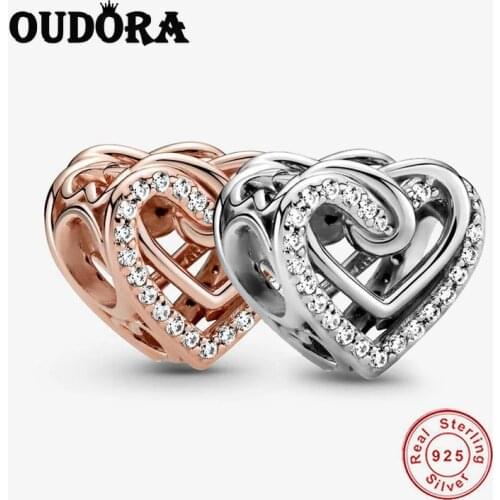 Fit Original Pandora Bracelet Charm 925 Sterling Silver Sparkling Entwined Hearts Charm Zircon Beads Women Jewelry Berloque