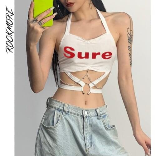 Rockmore Letter Print Camis Streetwear Sleeveless Corset Top Y2k Hollow Out Crop Tops Female Sexy Halter Tanks Summer Fairy 2021