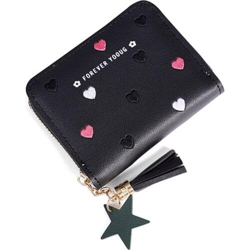 Women Heart Embroidery Zipper Tassel Wallet Female Fashion Solid Color Letter Leather Coin Purses Ladies Card Holder Money Clip