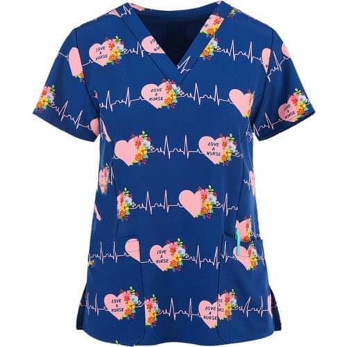 Heartbeat Love Printed Womens Short Sleeve V-neck Tops Medical Working Uniform workwear Blouse Nursing Accessories Uniforme
